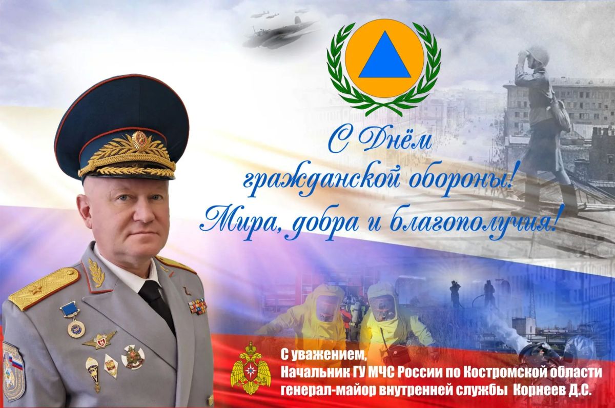Поздравление начальника Главного управления МЧС России по Костромской области Дмитрия Корнеева по случаю 94-й годовщины со дня образования гражданской обороны